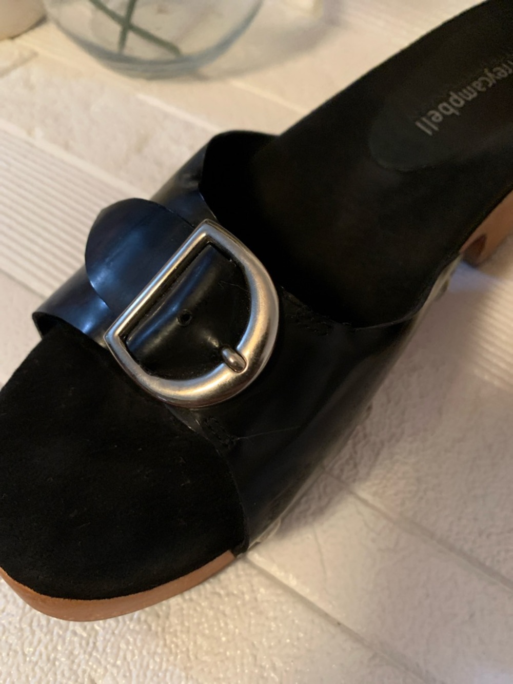 Jeffrey Campbell Black Leather Buckle Clog Mules with Tan Platform - Picture 4 of 10